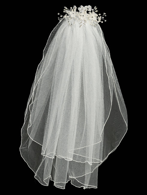 Lito Girls White 24 Inch Pearl Rhinestone Organza Flower Comb Communion Veil - SophiasStyle.com